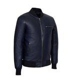 Side view of Navy Leather Bomber Jacket