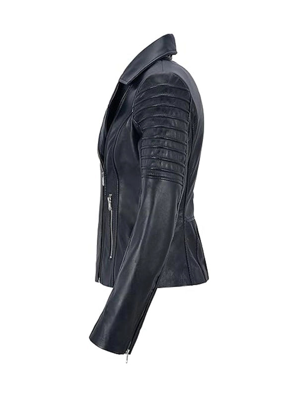Side view of Women's's Navy Leather Biker Jacket