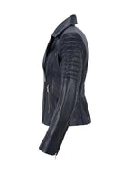 Side view of Women's's Navy Leather Biker Jacket