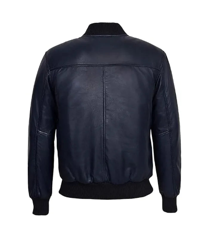 Back view of Navy Leather Bomber Jacket