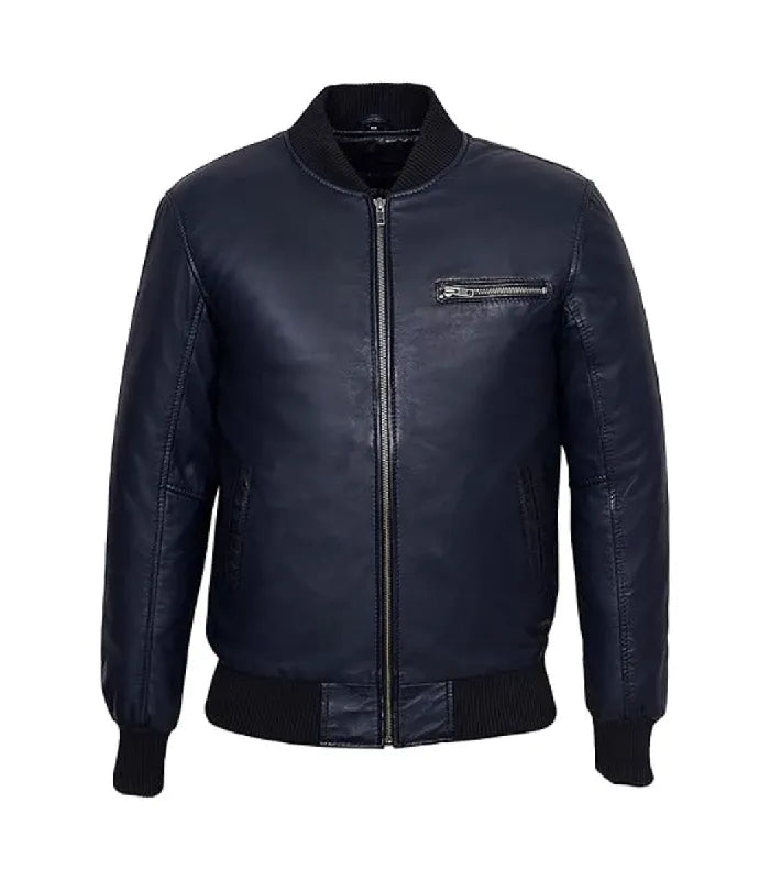 Front view of Navy Leather Bomber Jacket