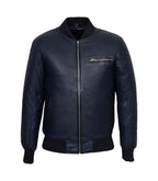 Front view of Navy Leather Bomber Jacket