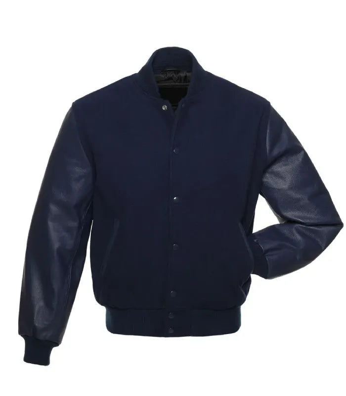 Front view of Navy Varsity Jacket