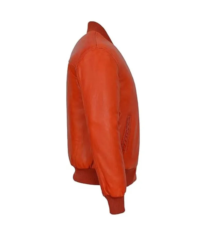 Side view of Orange Leather Bomber Jacket