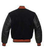 Back view of Orange Knit Trim Black Varsity Jacket