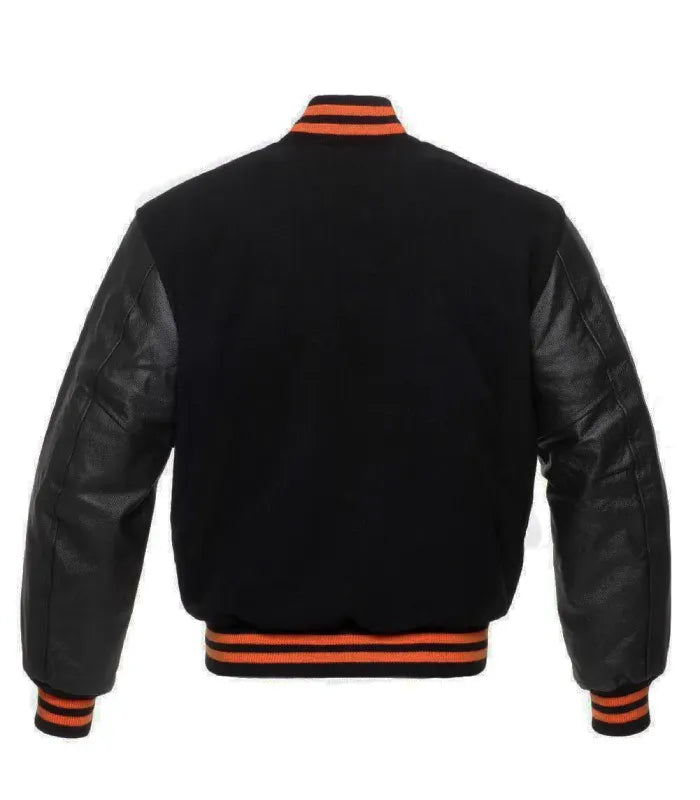 Back view of Orange Knit Trim Black Varsity Jacket