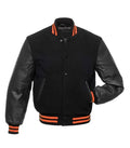 Front view of Orange Knit Trim Black Varsity Jacket