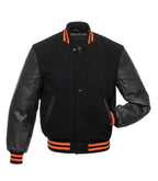 Front view of Orange Knit Trim Black Varsity Jacket