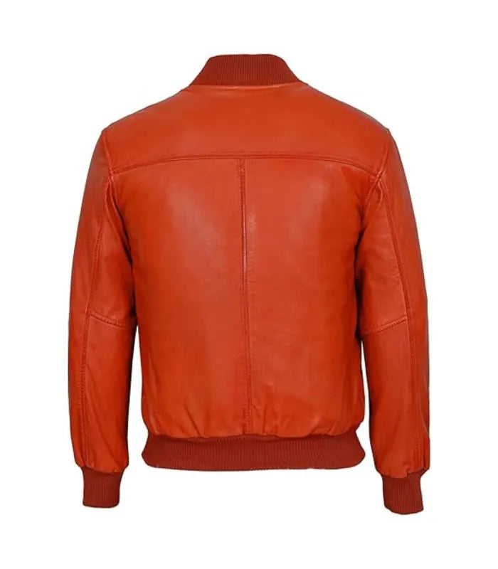 Back view of Orange Leather Bomber Jacket