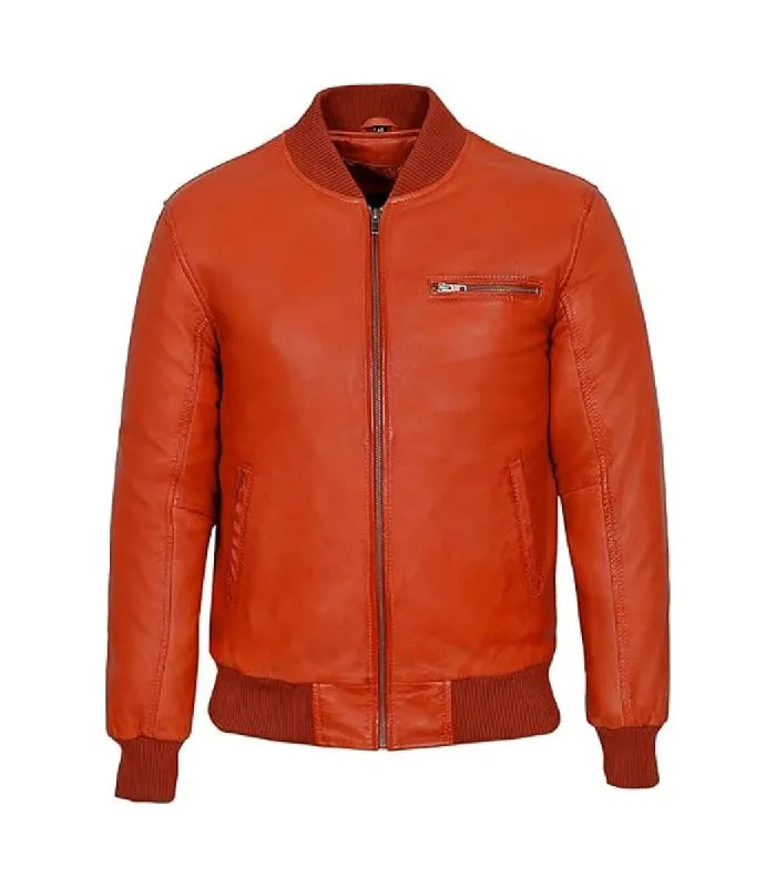 Front view of Orange Leather Bomber Jacket