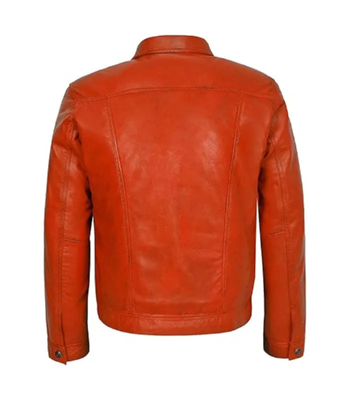 Back view of Orange Leather Trucker Jacket