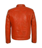 Back view of Orange Leather Trucker Jacket