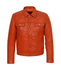Front view of Orange Leather Trucker Jacket