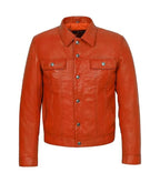 Front view of Orange Leather Trucker Jacket