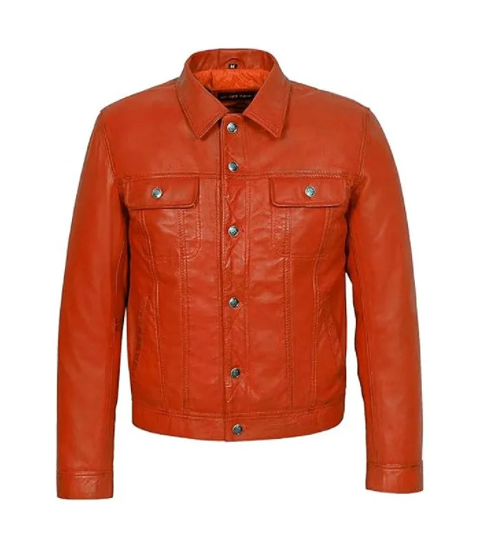 Front view of Orange Leather Trucker Jacket