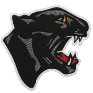 Black panther head embroidered patch with roaring open mouth, sharp white fangs, golden eyes, red tongue, and white stitched border.