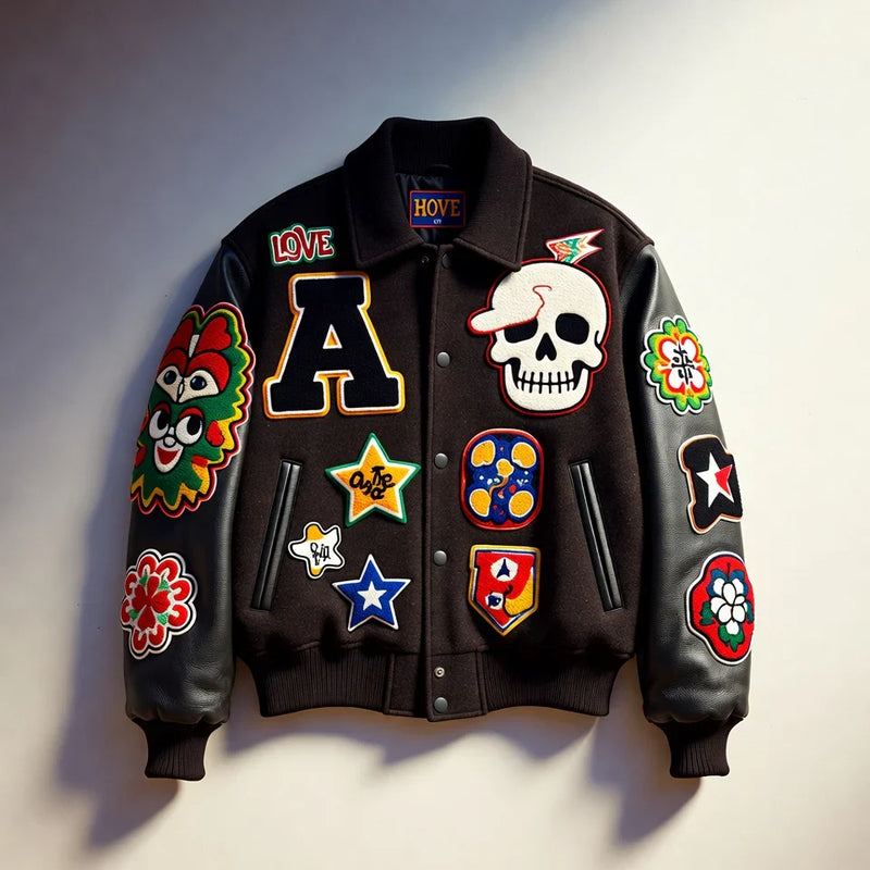Black varsity jacket covered with colorful chenille and embroidered patches displayed against a wall.