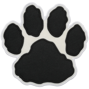 Black paw print embroidered patch with four toe pads, large center pad, white background, and bold stitched border.