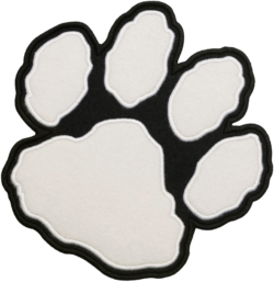 Angled white paw print embroidered patch with four toe pads, large center pad, black background, and bold stitched border.
