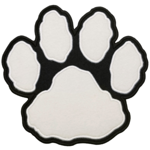 White paw print embroidered patch with four toe pads, large center pad, black background, and bold stitched border.