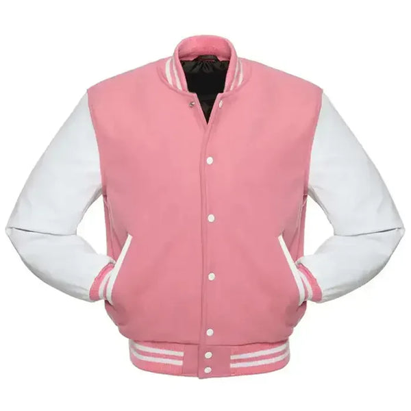 Pink letterman jacket front view styled as a baseball jacket with contrast white sleeves and ribbed collar and cuffs.