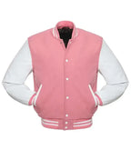 Pink letterman jacket front view styled as a baseball jacket with contrast white sleeves and ribbed collar and cuffs.