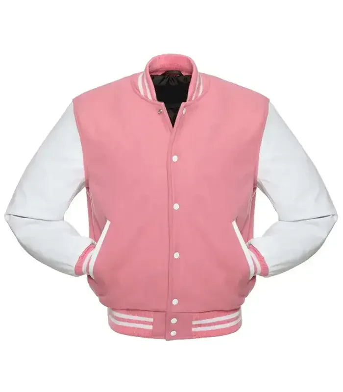 Pink letterman jacket front view styled as a baseball jacket with contrast white sleeves and ribbed collar and cuffs.