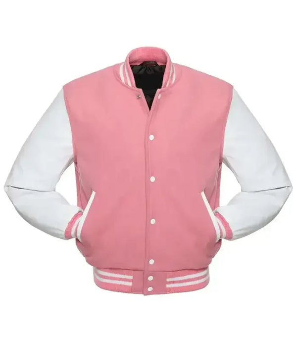 Pink letterman jacket front view styled as a baseball jacket with contrast white sleeves and ribbed collar and cuffs.