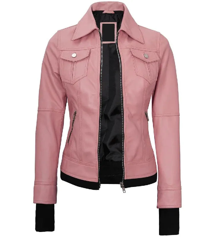 Close-up detail of Women's's Pink Hooded Leather Bomber Jacket