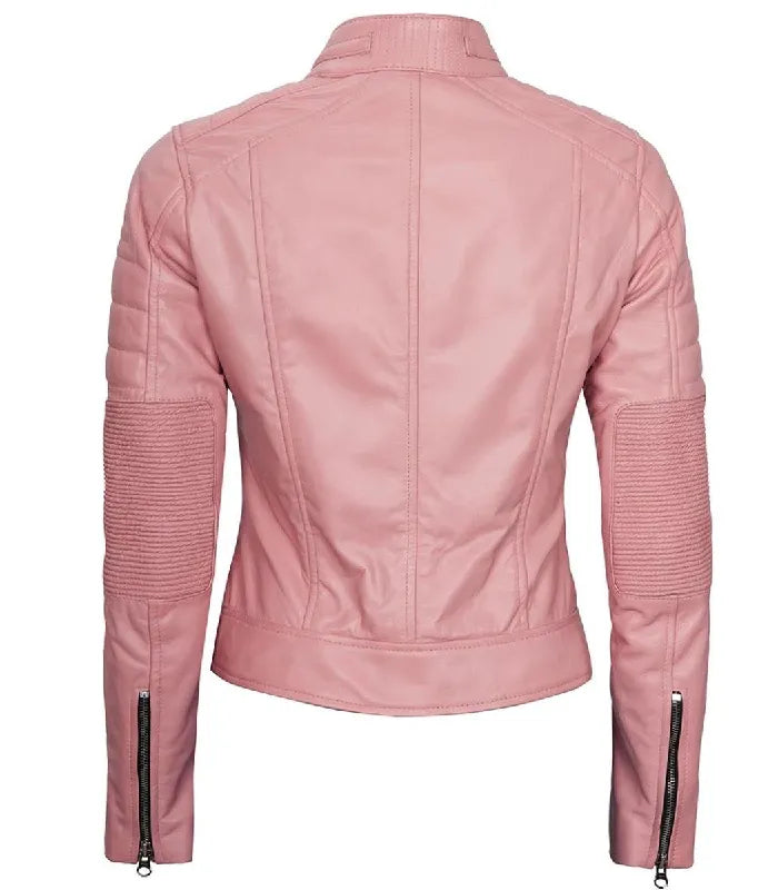Detail view of Women's Cafe Racer Pink Leather Jacket