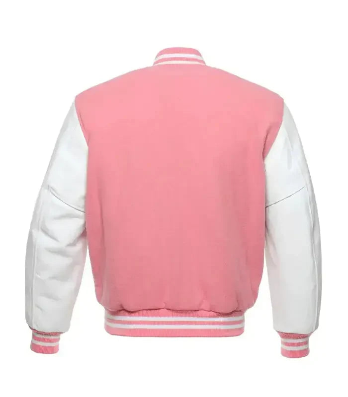 Pink varsity baseball jacket back view with white sleeves and traditional striped waistband design.