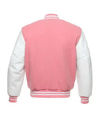 Pink varsity baseball jacket back view with white sleeves and traditional striped waistband design.