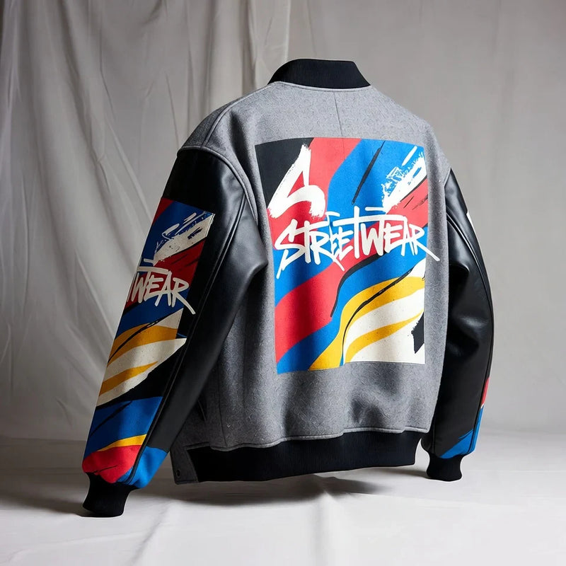 Gray and black varsity jacket with bold multicolor graphic print shown from the back.