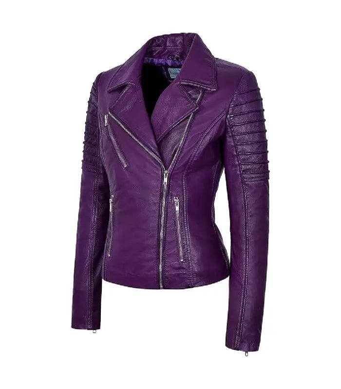 Side view of Women's's Purple Leather Biker Jacket