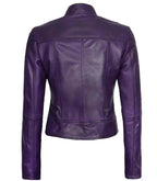 Detail view of Women's's Purple Leather Cafe Racer Jacket