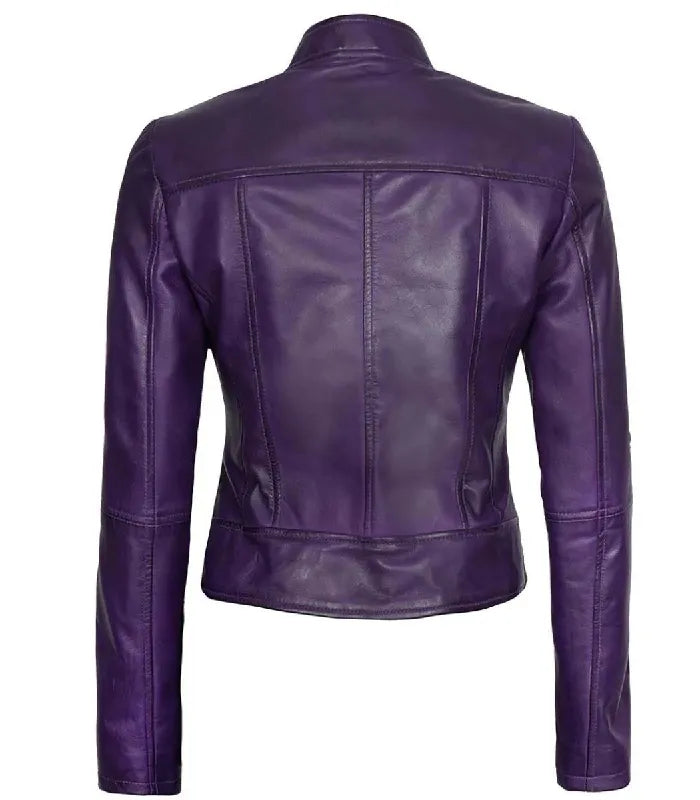 Detail view of Women's's Purple Leather Cafe Racer Jacket