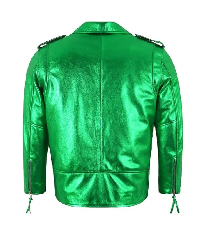 Back view of Men's Green Leather Biker Jacket