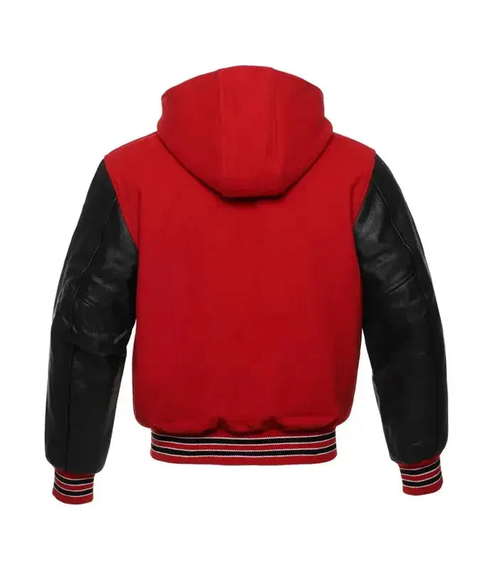 Red and black letterman hoodie jacket back view with hood detail, contrast sleeves, and classic varsity silhouette.