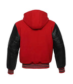 Red and black letterman hoodie jacket back view with hood detail, contrast sleeves, and classic varsity silhouette.