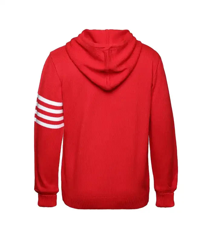 Back view of red and white varsity hoodie sweater with striped sleeve and hood