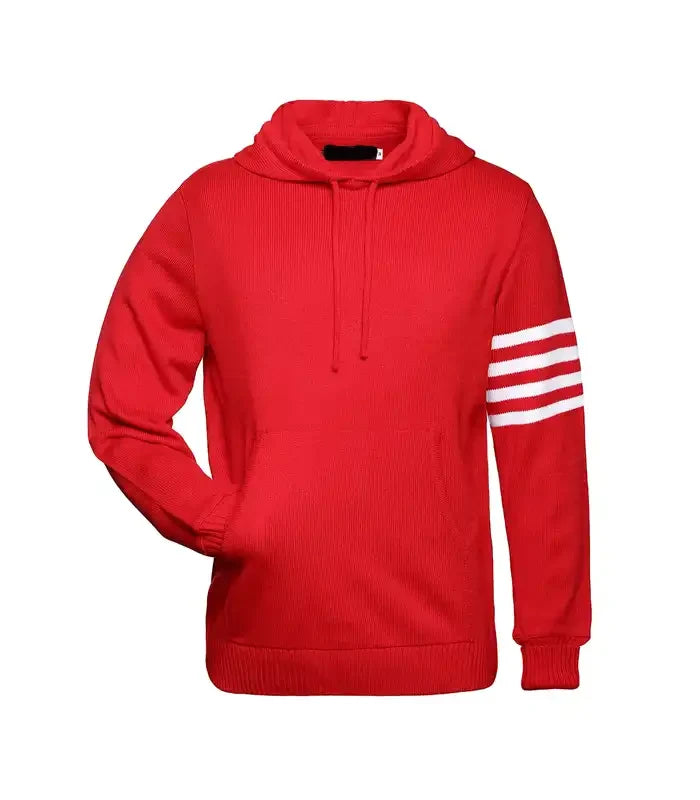 Front view of red and white varsity hoodie sweater with kangaroo pocket and sleeve stripes