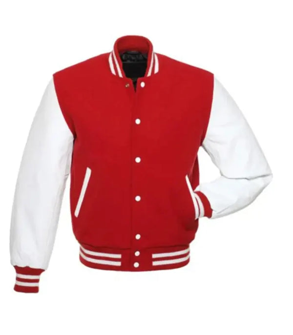 Red and white varsity jacket front view with classic letterman style, snap buttons, and striped ribbed trims.