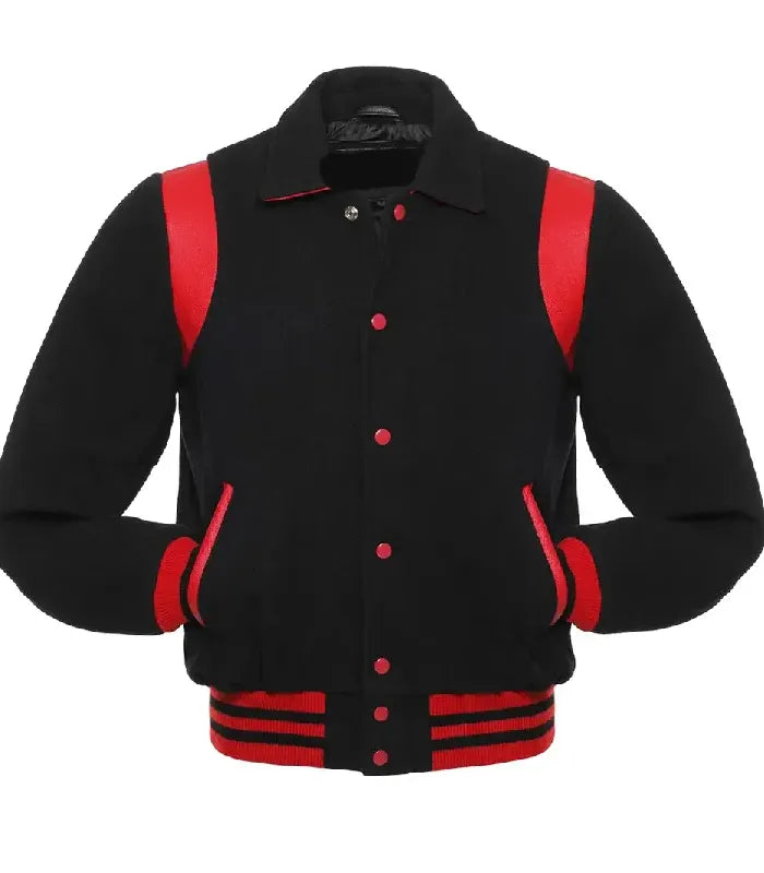 Side view of Black Wool with Red Leather Varsity Jacket
