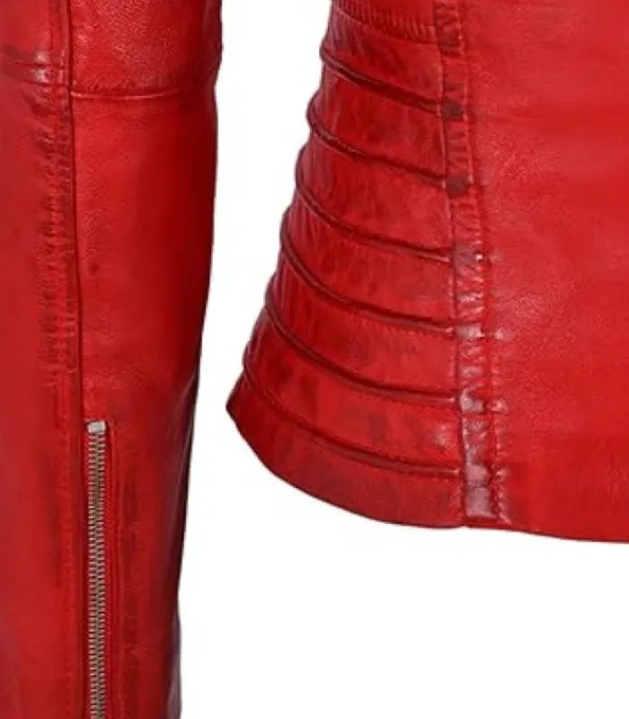 Detail view of Women's's Red Quilted Leather Biker Jacket