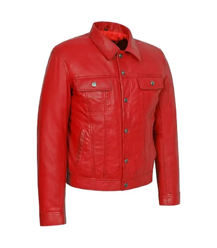 Side view of Red Leather Trucker Jacket