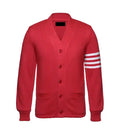 Red cardigan style jacket front view with button closure, ribbed cuffs, and white striped sleeve detail in a varsity-inspired look.
