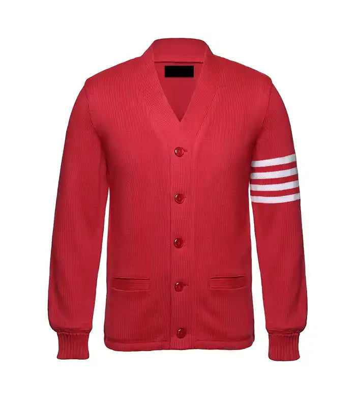 Red cardigan style jacket front view with button closure, ribbed cuffs, and white striped sleeve detail in a varsity-inspired look.