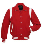 Red and white classic varsity jacket front view with snap button closure, contrast shoulder panels, and striped ribbed hem.