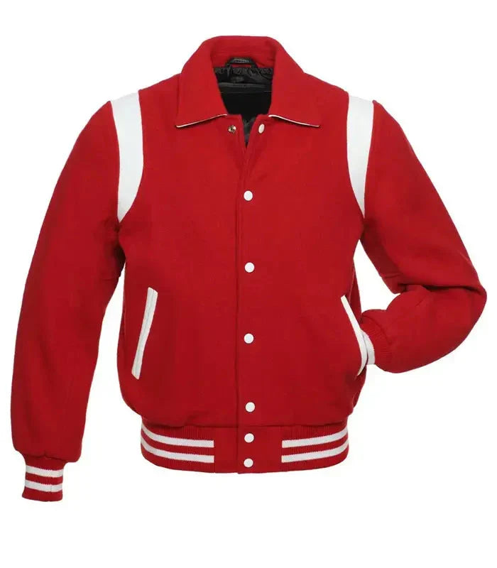 Red and white classic varsity jacket front view with snap button closure, contrast shoulder panels, and striped ribbed hem.