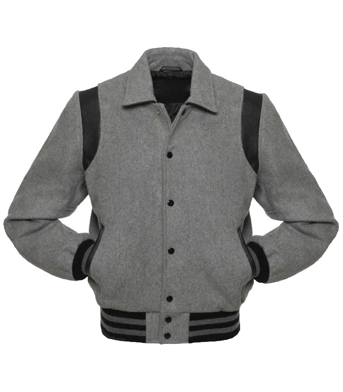 Front view of a heather grey wool varsity jacket featuring a shirt-style collar, black leather shoulder inserts, and black striped ribbed cuffs.
